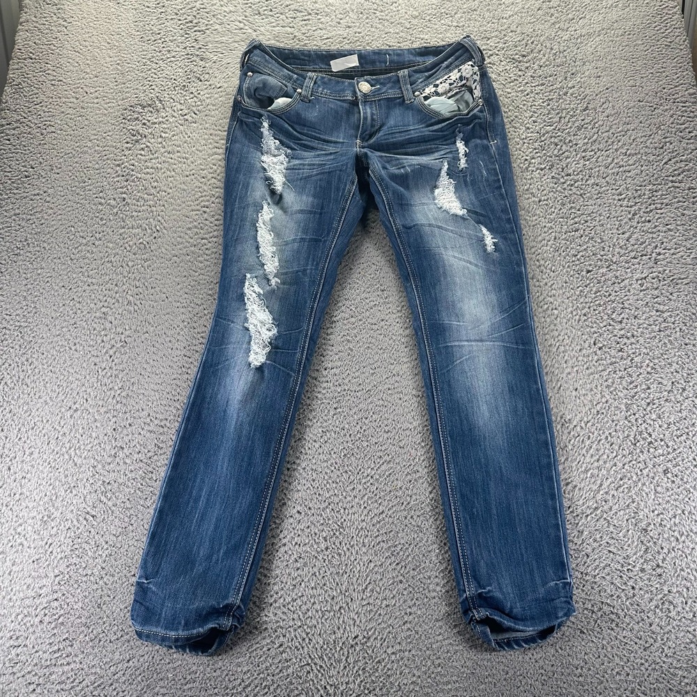 Almost Famous Premium Jeans Womens 11 Blue Cotton Denim Tapered Distressed Faded